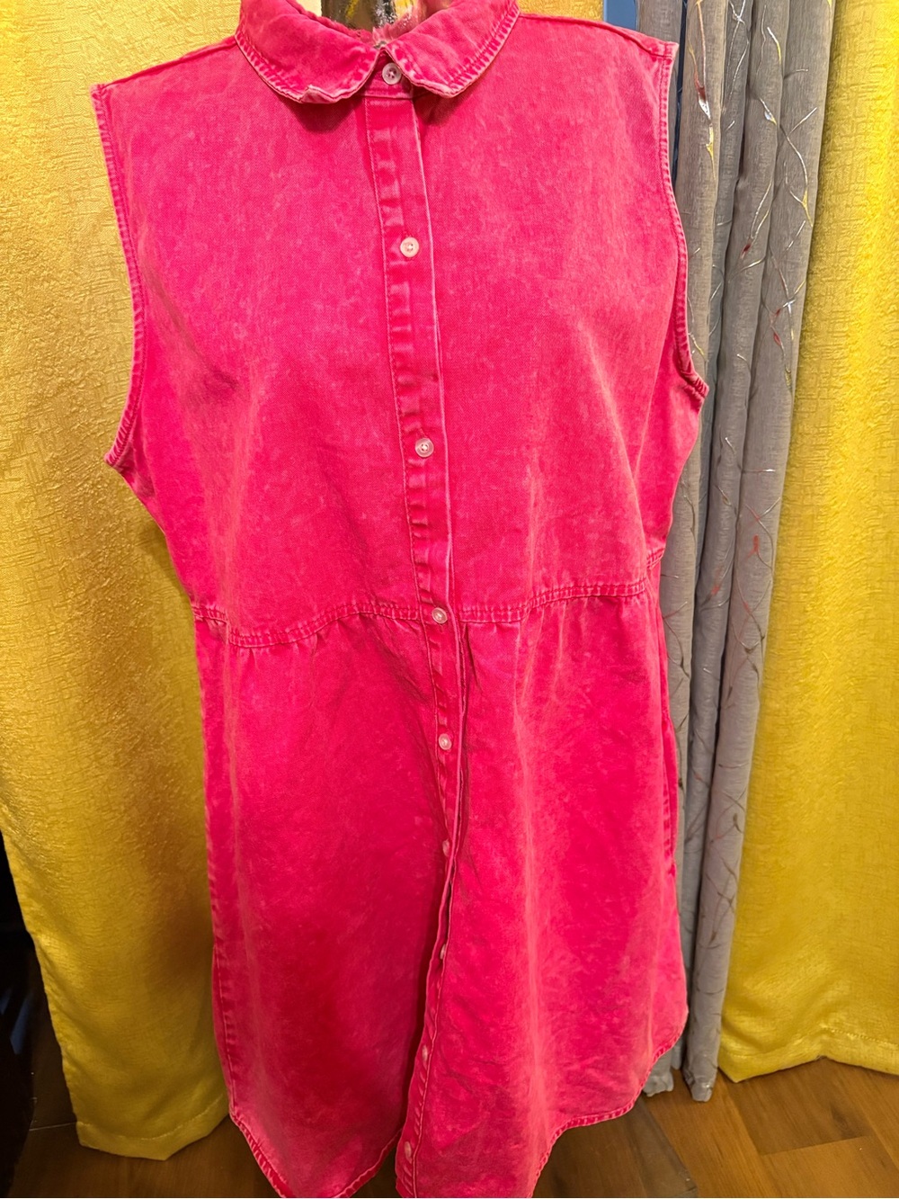 Sleeveless Button-Front Pink Denim Dress